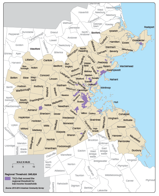 This map shows the TAZs in the Boston Region MPO that exceed the low-income threshold of $45,624.